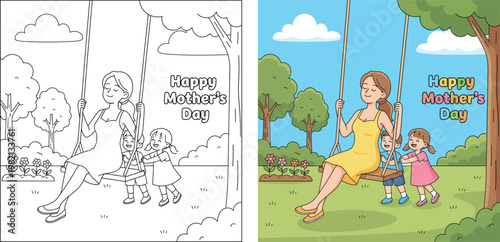 Mothers day mom on swing with kids playing in park cute family cartoon illustration