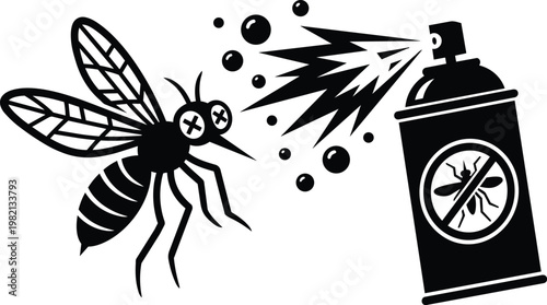 Black and white vector mosquito with crossed eyes and insect spray can releasing aerosol burst