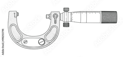Micrometer precision measurement tool vector technical drawing for engineering.