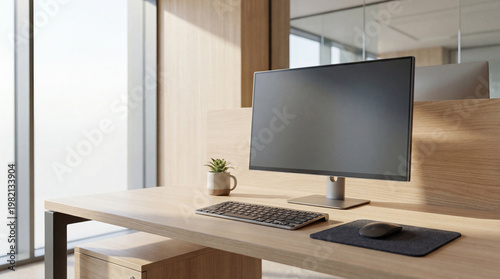 Photos Modern office desk setup with computer monitor, keyboard, mouse, and plant on light wood by a bright window