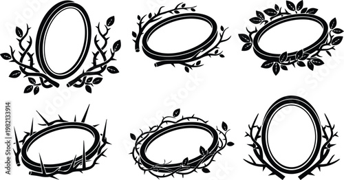 Black and white oval frames with branches leaves six ornamental vector art