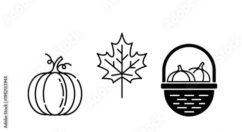 Line art vector icons for autumn and fall harvest featuring a pumpkin, maple leaf, and a basket of pumpkins.