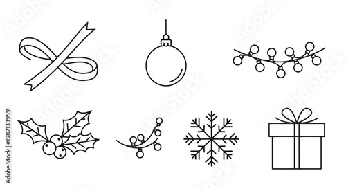 Set of simple Christmas line art icons including ribbon, bauble, lights, holly, snowflake, and gift box. Holiday vector elements.