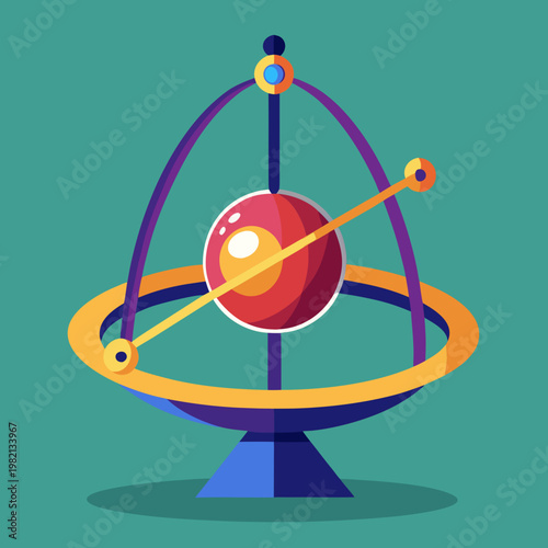 Abstract Gyroscope with Swirling Rings and Red Sphere