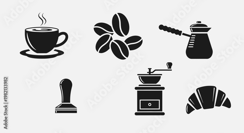 Coffee vector icons set: steaming cup, roasted beans, manual grinder, tamper, Cezve pot, and a delicious croissant.