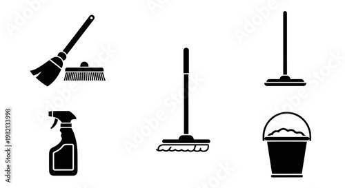 Set of black silhouette cleaning tools and supplies icons for home, office, and sanitation. Housekeeping equipment vector.