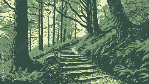 Peaceful woodland stone staircase trail in a stylized forest illustration