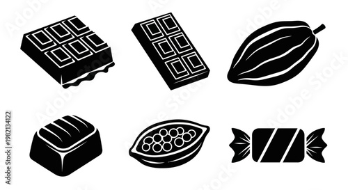 Monochrome Chocolate and Cocoa Icons Set with Bars, Pods, and Candies – Sweet Vector Dessert Elements