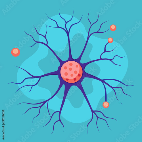 Abstract Neuron Cell with Orange Spheres