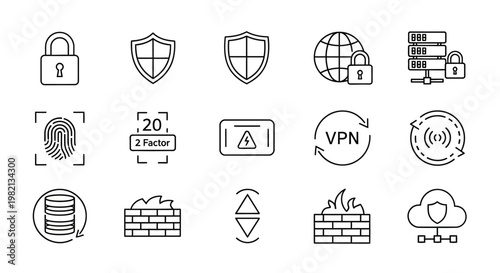 Cyber Security Line Icons. Digital Data Protection, Network Safety, Online Privacy, VPN, Firewall, Biometric Authentication, Cloud Security Vector Set