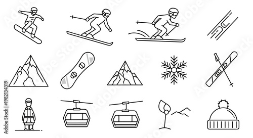 Collection of outline vector icons for winter sports, featuring skiing, snowboarding, mountain ranges, ski lift, and winter accessories
