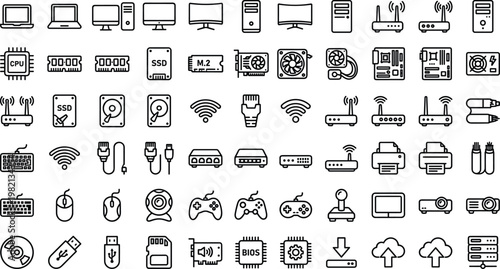 Computer Hardware and Networking Icon Set with Devices, Components, Storage, Internet Equipment, Gaming Accessories, and Digital Technology Outline Vector Collection