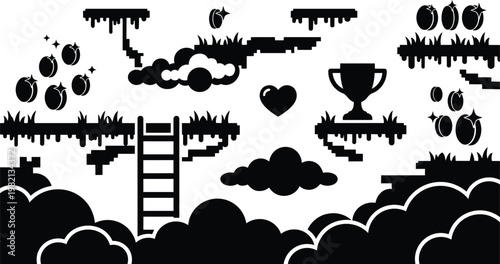 Black and white platformer level with ladder trophy heart coins and clouds vector art