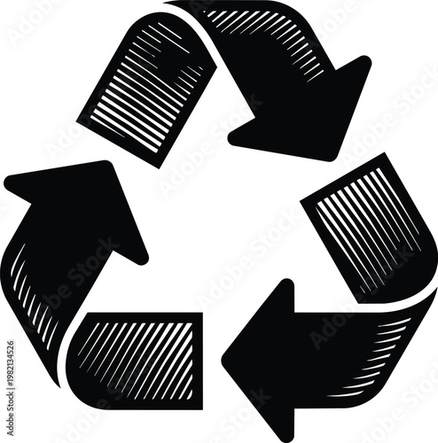 Black and white recycle arrows with hatched shading vector art