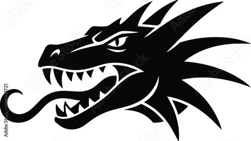 Black stylized dragon head with tongue teeth and spiky mane vector art
