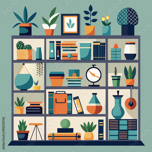 Decorated Bookshelf with Plants and Objects