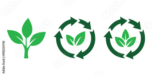Green eco and recycle icons with plant leaves for nature, sustainability, organic growth, and environmental protection concept. 
