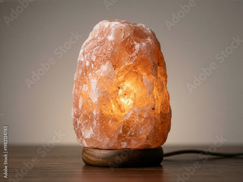 A Glowing Himalayan Pink Salt Crystal Lamp on a Dark Wooden Base, Ideal for Home Wellness and Relaxation Decor