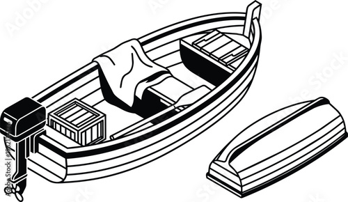 Black and white line art rowboat with outboard motor crate and folded blanket