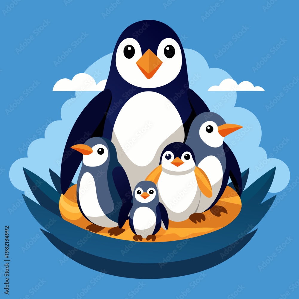 Obraz premium Penguin Family Huddled Together in a Nest