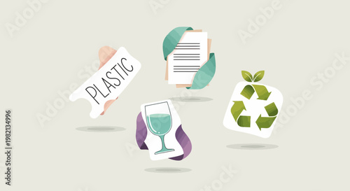 Recycling concept illustration for various materials, emphasizing environmental responsibility and sustainability