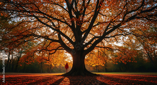 A lone person in a red jacket stands beneath a majestic, sprawling oak tree bathed in the warm glow of autumn sunset light, fallen leaves carpet the ground creating a magical