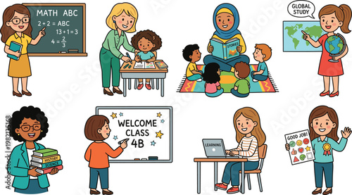School classroom scene set featuring teachers and students learning, teaching activities, global study, education moments in colorful hand drawn flat vector illustration style