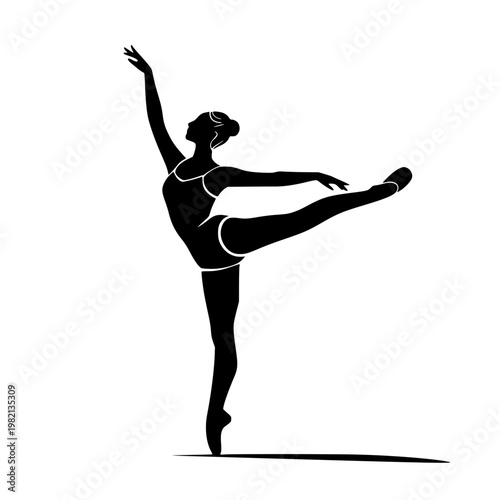 Vector graphic illustration of a female dancer in a dynamic pose showcasing elegance and balance in a black silhouette against a white background.