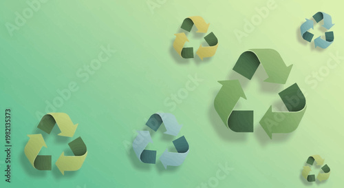 Floating paper cut-out recycling symbols in green and blue, on a gradient background, represent environmental sustainability, waste reduction, and eco-friendly initiatives
