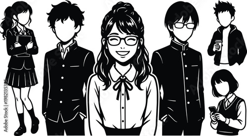 Manga style smiling girl with glasses and five schoolmates in black and white