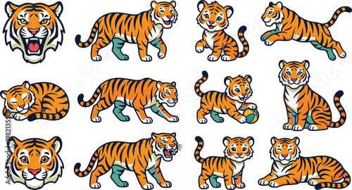 Tiger cartoon set featuring cute and fierce big cats, playful cubs, different poses, wildlife animal characters in colorful flat vector illustration style