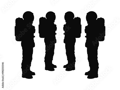 Set of four astronaut silhouettes in various standing poses on a white background
