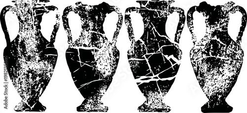 Ancient cracked amphora vases silhouette set, ceramic pottery jars with handles, antique historic utensils collection
