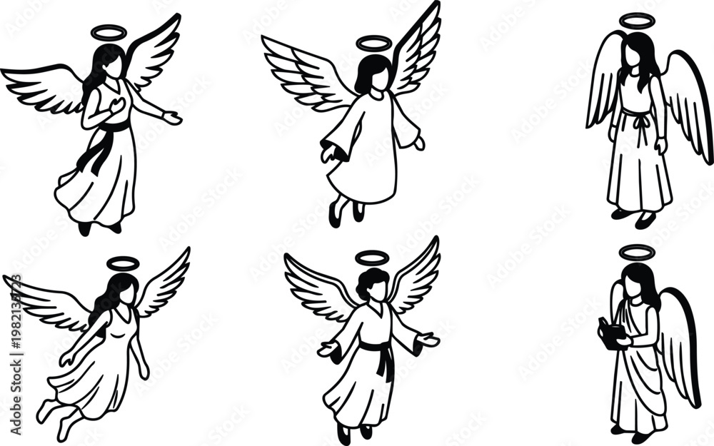 Fototapeta premium Black and white vector line art six angels with halos in varied poses