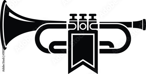 Black and white trumpet with pennant banner side view three valves flat vector art