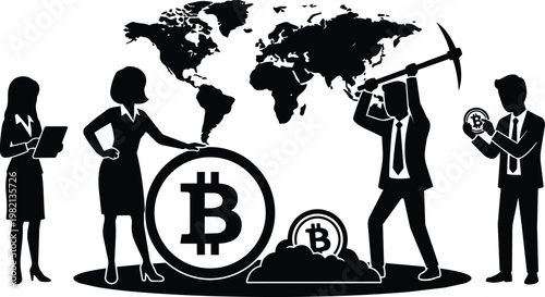 Black and white bitcoin coin with business people mining and world map background vector art