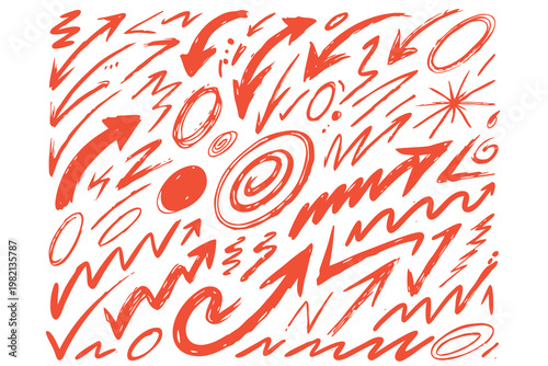 Abstract composition of red arrows swirls and doodle like shapes