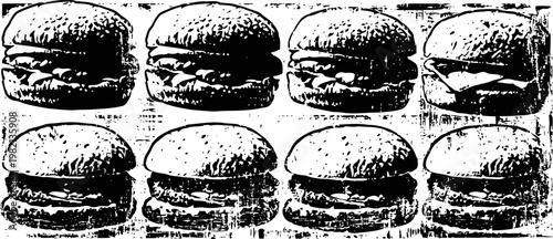Eight cheeseburgers in rows with sesame seed buns and melted cheese filling