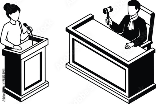 Black and white courtroom scene with woman at podium and judge with gavel