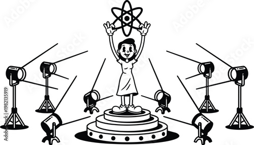 Vector art retro woman holding atom symbol on pedestal surrounded by studio lights black and white