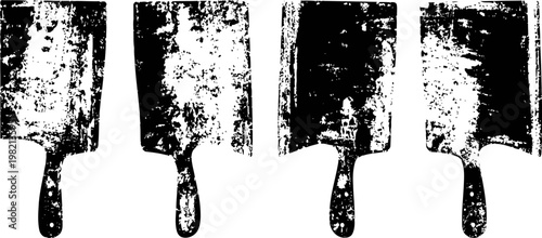 Set of vintage meat cleavers silhouettes with textured worn metal blades and rounded handles in black and white
