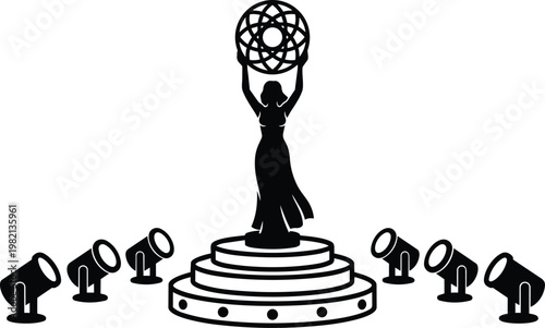 Black and white vector statue woman holding ornamental orb on round stage with spotlights