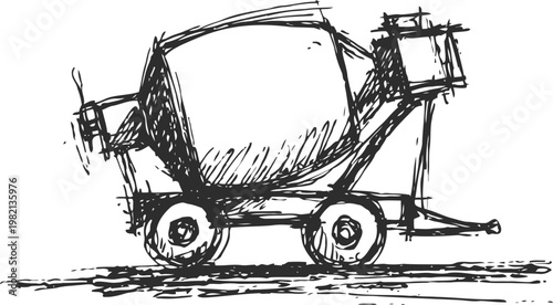 rough sketch of a cement mixer truck with rotating drum on wheels in hand drawn