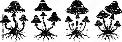 hand drawn clusters of wild mushrooms with roots in black ink silhouettes, natural botanical illustrations