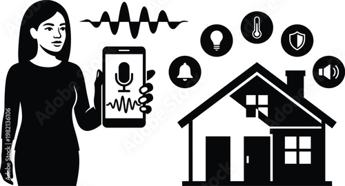 Vector art woman holding smartphone with microphone icon and sound wave controlling smart home