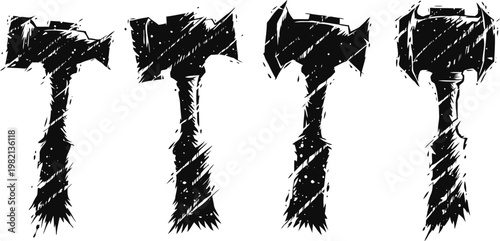 Grunge axe silhouettes set four black ink brush rustic battle axes with various blade shapes and wood handles