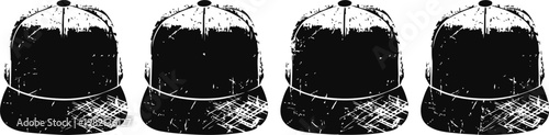 Set of four black and white baseball caps with a flat bill in a row, casual headwear collection