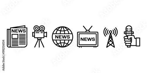 Collection of six black outline representing news and media newspaper camera globe