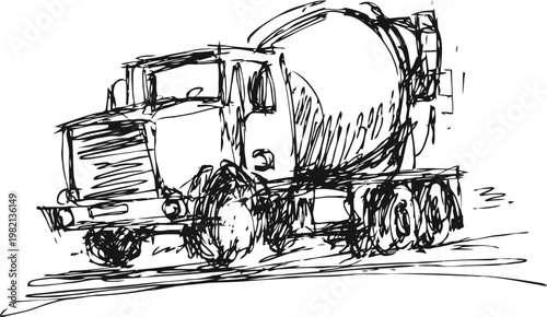 Concrete mixer truck sketch heavy construction vehicle with rotating drum, cement transport concept
