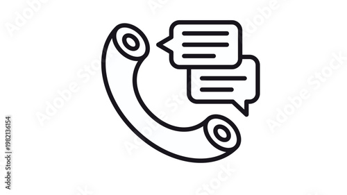 Minimalist black line vector icon of a classic telephone handset with two speech bubbles, symbolizing communication, customer support, phone conversation, telemarketing, and voice chat services.